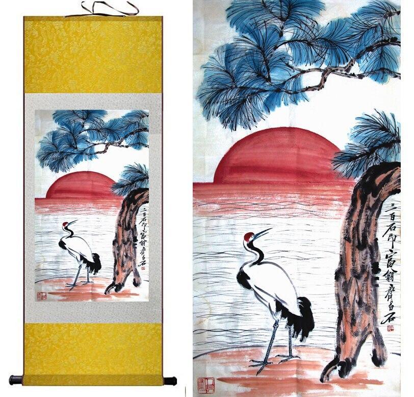 Chinese Art Scroll Painting Crane And Pine Animal Birds Ancient Silk Picture Wall Ideas 10534-Chinese Style Finds™