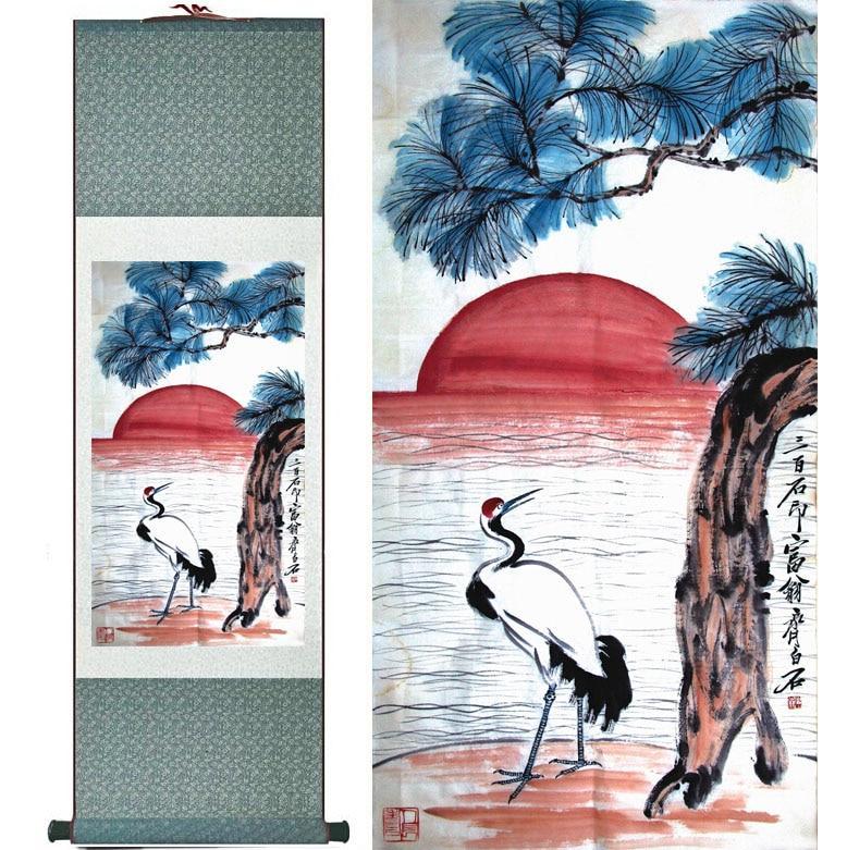 Chinese Art Scroll Painting Crane And Pine Animal Birds Ancient Silk Picture Wall Ideas 10534-Chinese Style Finds™