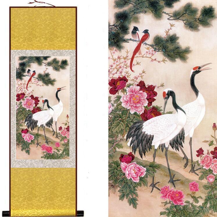 Chinese Art Scroll Painting Crane And Tree Ancient Silk Picture Wall Ideas 11918-Chinese Style Finds™