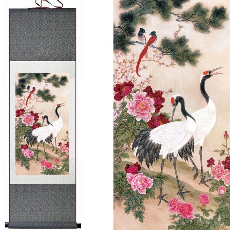 Chinese Art Scroll Painting Crane And Tree Ancient Silk Picture Wall Ideas 11918-Chinese Style Finds™