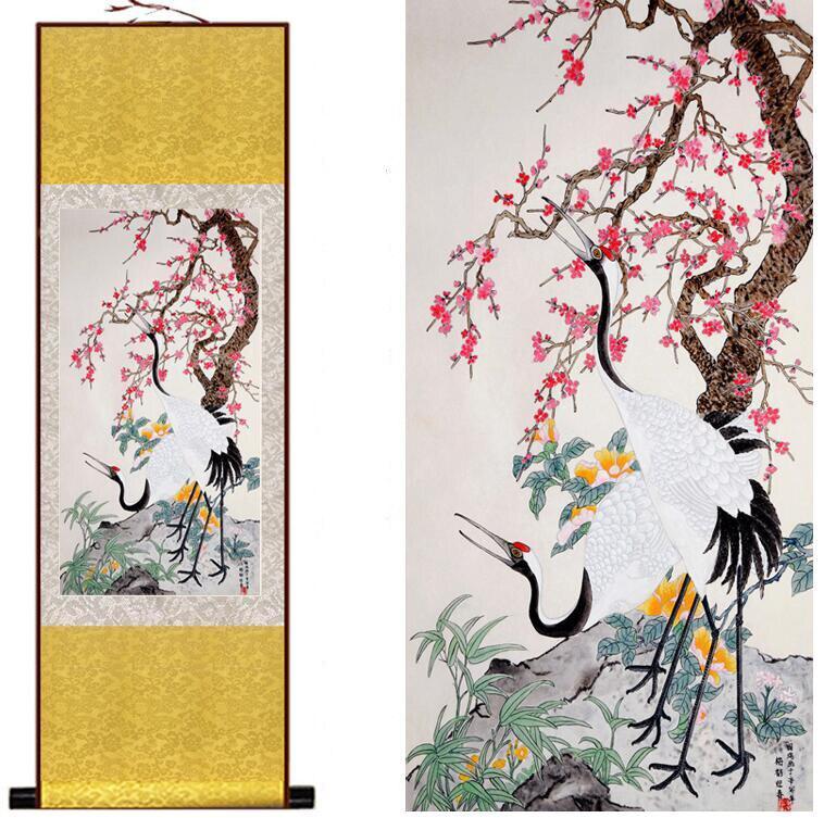 Chinese Art Scroll Painting Crane And Tree Ancient Silk Picture Wall Ideas 13454-Chinese Style Finds™