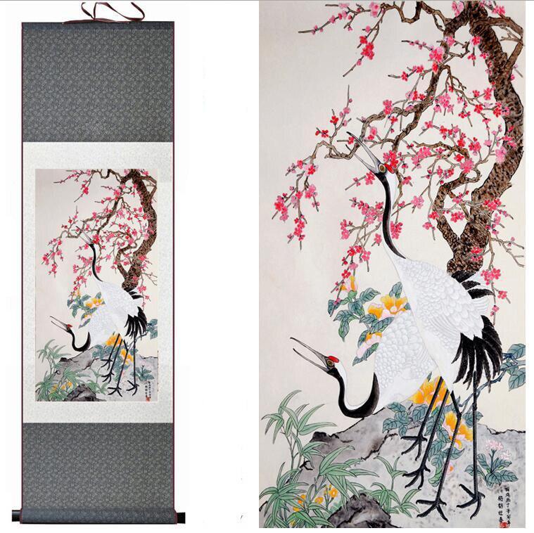 Chinese Art Scroll Painting Crane And Tree Ancient Silk Picture Wall Ideas 13454-Chinese Style Finds™