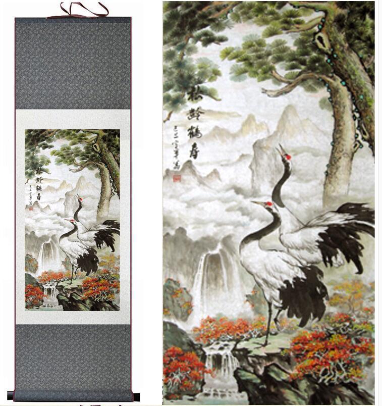 Chinese Art Scroll Painting Crane And Tree Ancient Silk Picture Wall Ideas 13542-Chinese Style Finds™