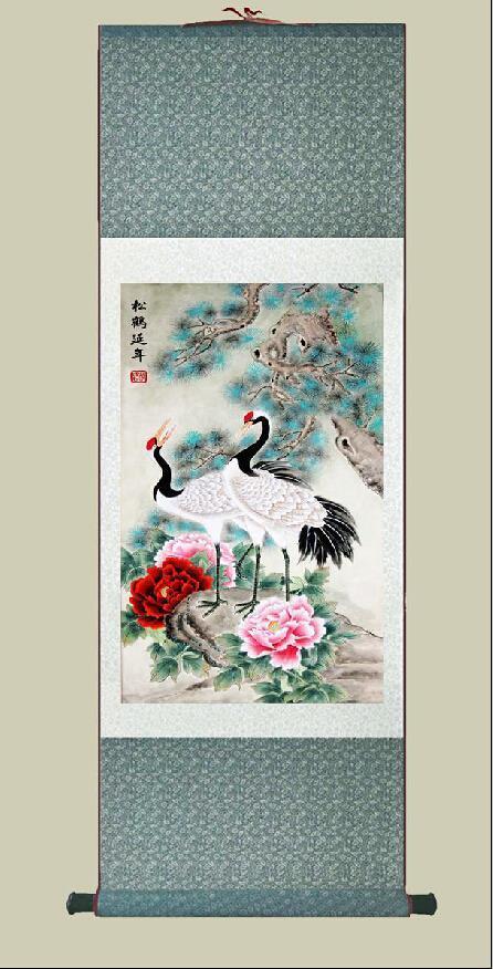 Chinese Art Scroll Painting Cranes With Pine Trees Ancient Silk Picture Wall Ideas 10230-Chinese Style Finds™