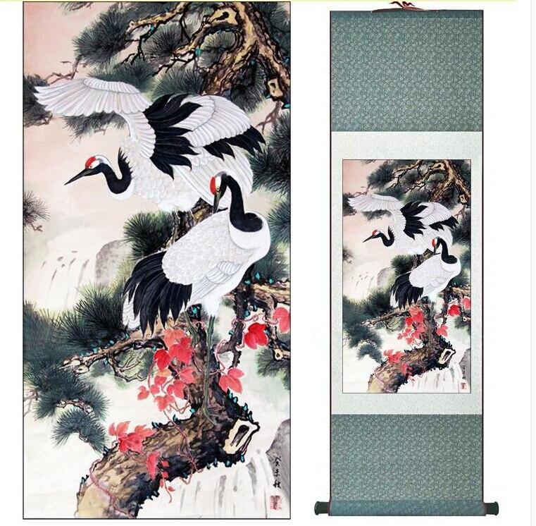 Chinese Art Scroll Painting Cranes With Pine Trees Ancient Silk Picture Wall Ideas 10240-Chinese Style Finds™