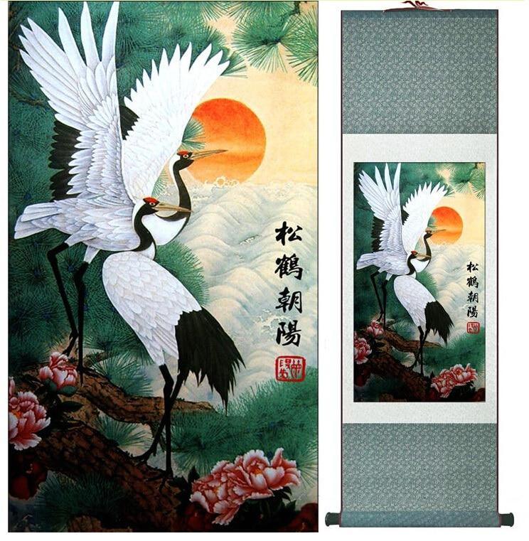 Chinese Art Scroll Painting Cranes With Pine Trees Ancient Silk Picture Wall Ideas 10250-Chinese Style Finds™