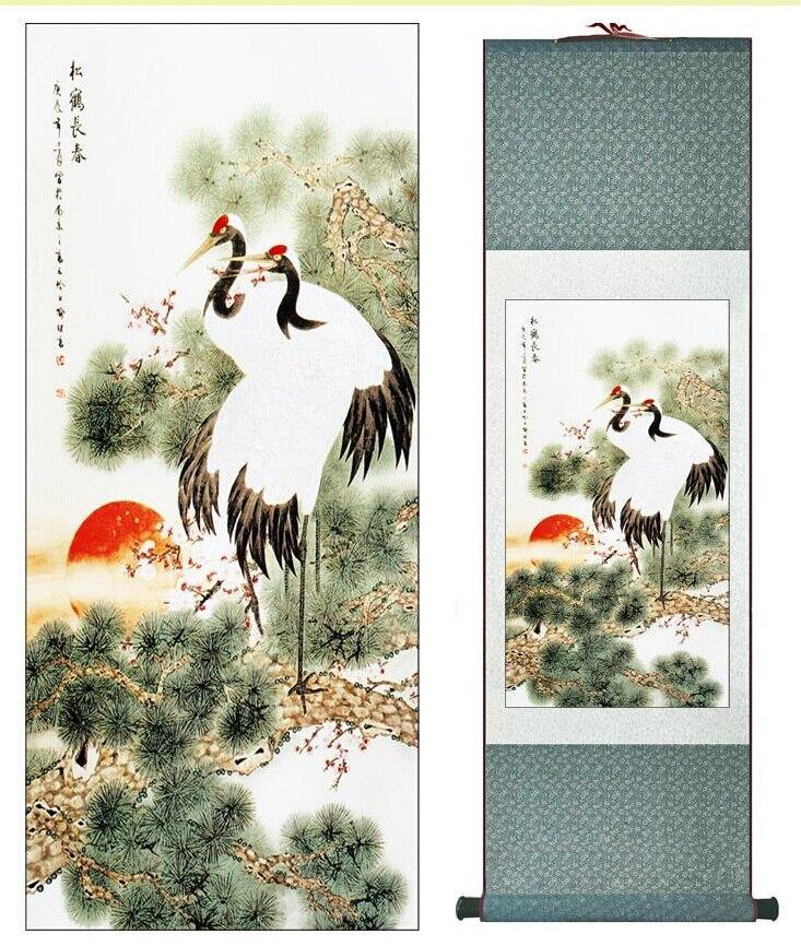 Chinese Art Scroll Painting Cranes With Pine Trees Ancient Silk Picture Wall Ideas 10262-Chinese Style Finds™