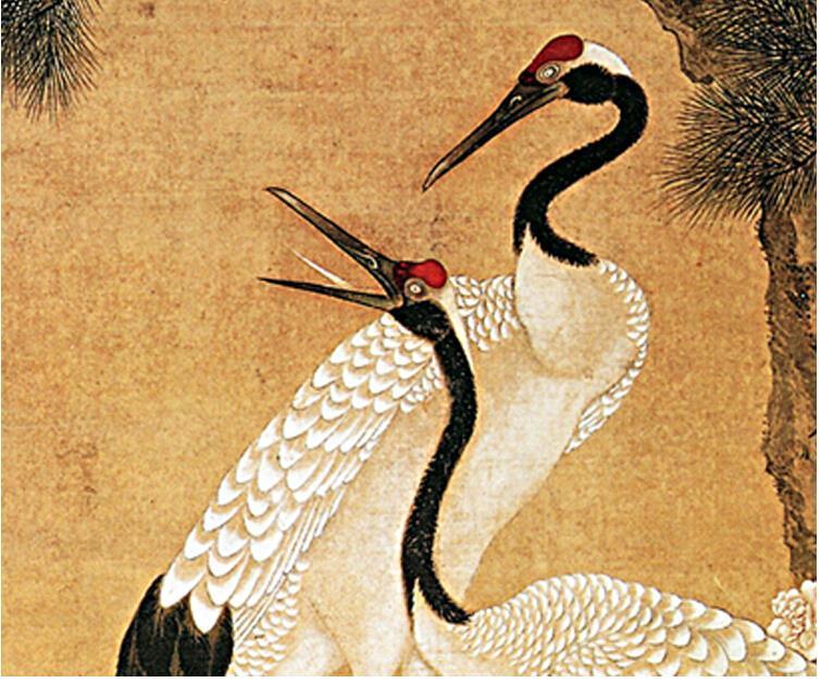 Chinese Art Scroll Painting Cranes With Pine Trees Ancient Silk Picture Wall Ideas 10734-Chinese Style Finds™