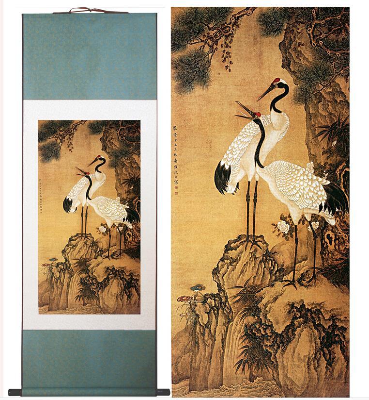 Chinese Art Scroll Painting Cranes With Pine Trees Ancient Silk Picture Wall Ideas 10734-Chinese Style Finds™