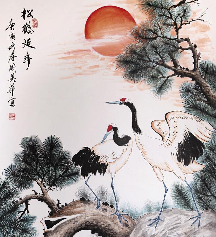 Chinese Art Scroll Painting Cranes With Pine Trees Ancient Silk Picture Wall Ideas 10740-Chinese Style Finds™