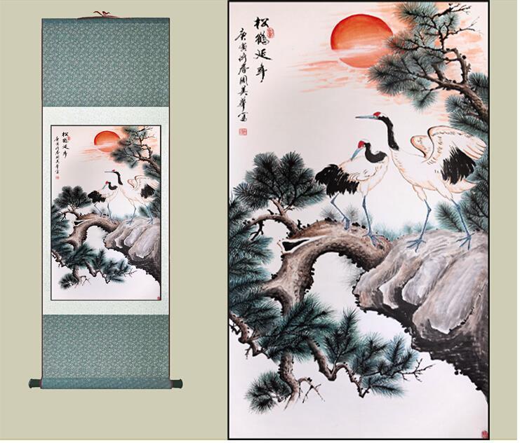 Chinese Art Scroll Painting Cranes With Pine Trees Ancient Silk Picture Wall Ideas 10740-Chinese Style Finds™