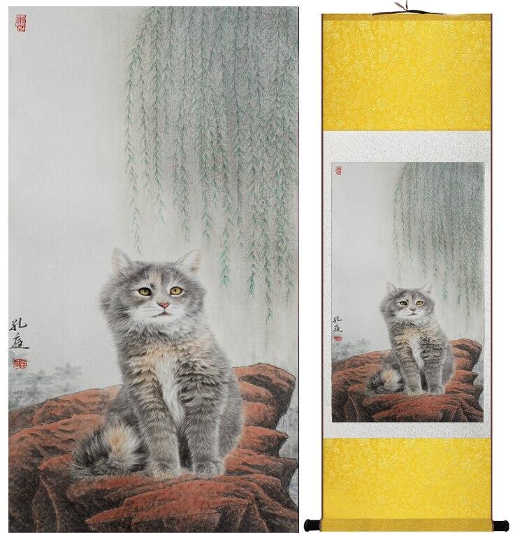 Chinese Art Scroll Painting Cute Cat Ancient Silk Picture Wall Ideas 12678-Chinese Style Finds™