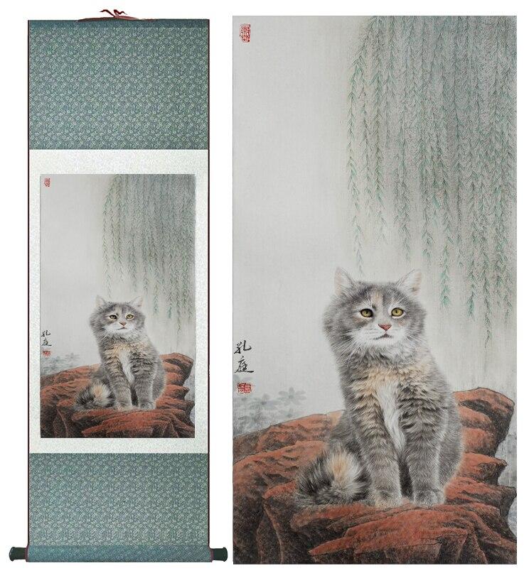 Chinese Art Scroll Painting Cute Cat Ancient Silk Picture Wall Ideas 12678-Chinese Style Finds™