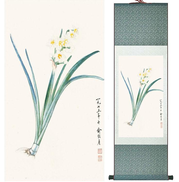 Chinese Art Scroll Painting Daffodil Flower Ancient Silk Picture Wall Ideas 14110-Chinese Style Finds™