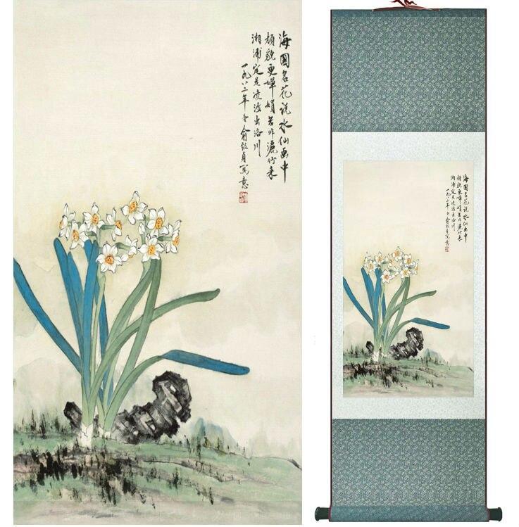 Chinese Art Scroll Painting Daffodil Flowers Ancient Silk Picture Wall Ideas 14118-Chinese Style Finds™