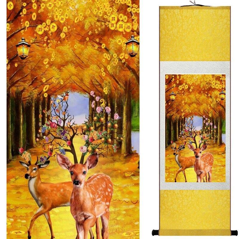 Chinese Art Scroll Painting Deer Ancient Silk Picture Wall Ideas 10032-Chinese Style Finds™