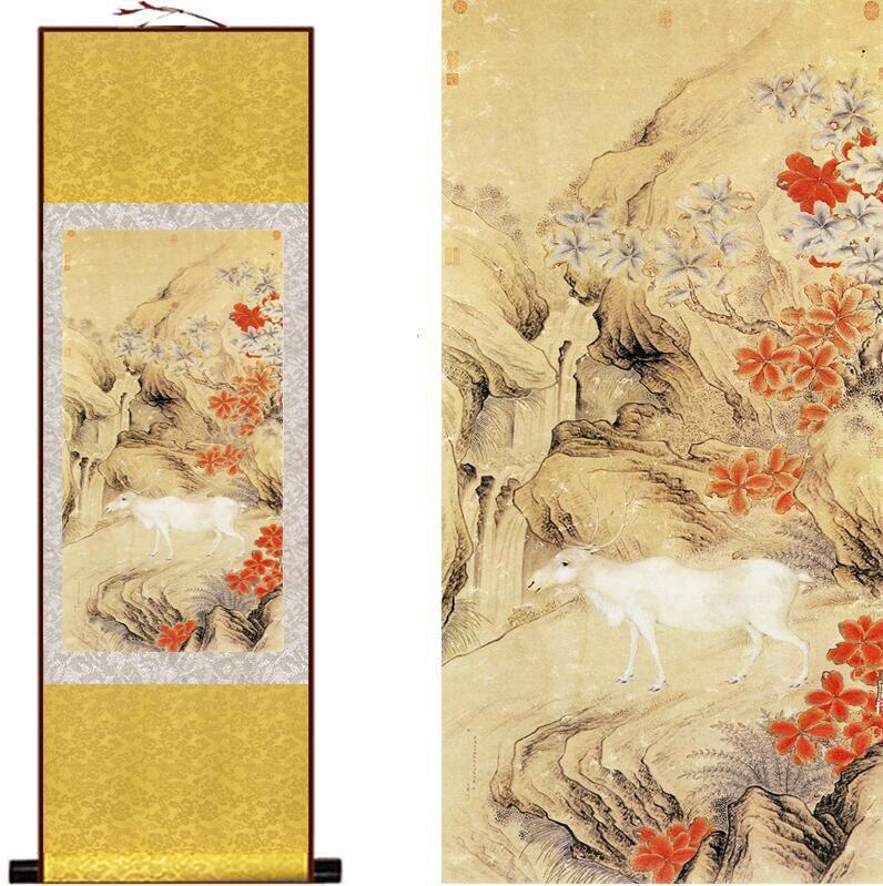 Chinese Art Scroll Painting Deer Ancient Silk Picture Wall Ideas 12942-Chinese Style Finds™