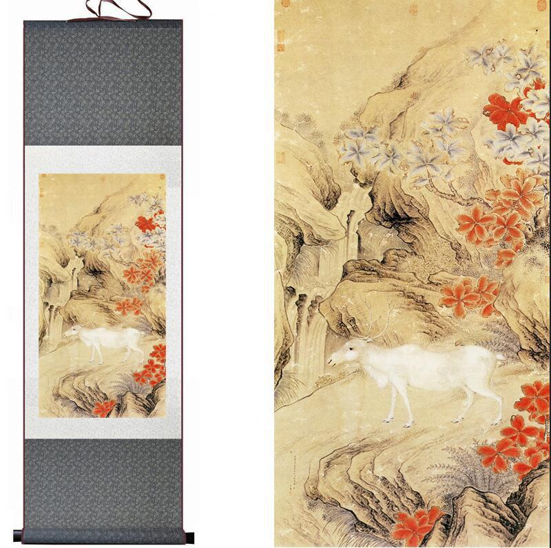 Chinese Art Scroll Painting Deer Ancient Silk Picture Wall Ideas 12942-Chinese Style Finds™