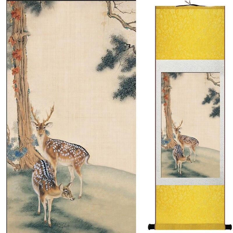 Chinese Art Scroll Painting Deer Ancient Silk Picture Wall Ideas 17430-Chinese Style Finds™