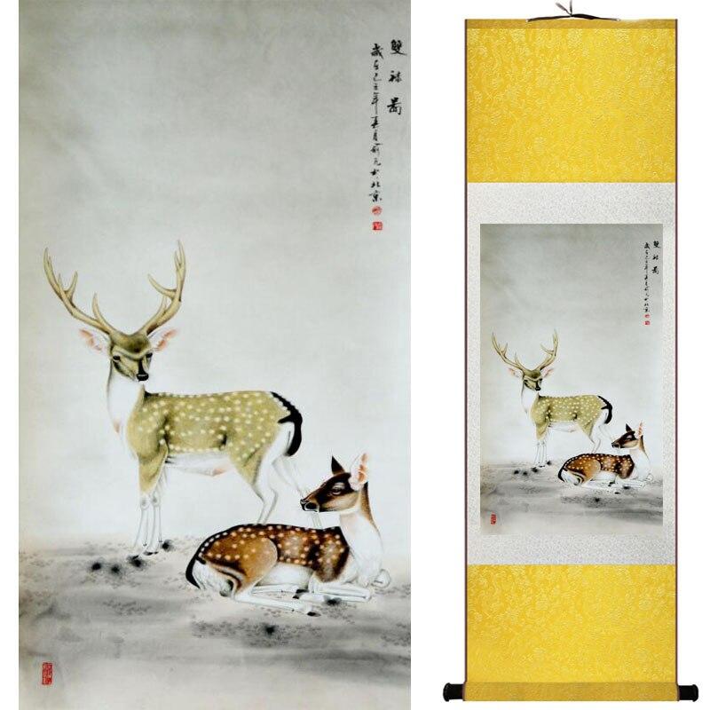 Chinese Art Scroll Painting Deer Ancient Silk Picture Wall Ideas 18392-Chinese Style Finds™