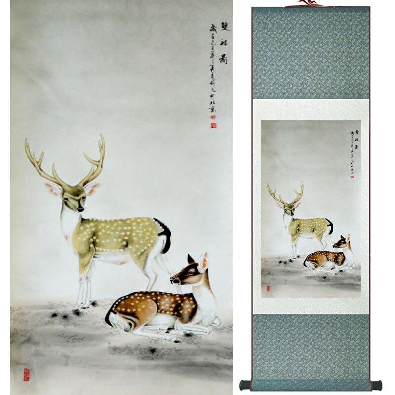 Chinese Art Scroll Painting Deer Ancient Silk Picture Wall Ideas 18392-Chinese Style Finds™