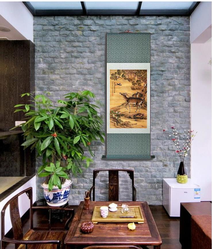 Chinese Art Scroll Painting Deer In Mountain Ancient Silk Picture Wall Ideas 10266-Chinese Style Finds™