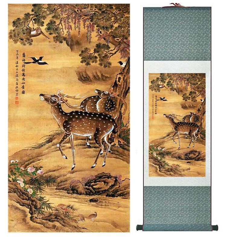 Chinese Art Scroll Painting Deer In Mountain Ancient Silk Picture Wall Ideas 10266-Chinese Style Finds™