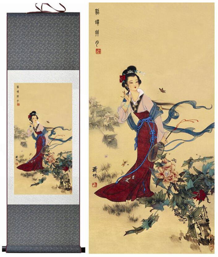 Chinese Art Scroll Painting Diao Chan Bai Yue Pretty Girls Beautiful Women Ancient Silk Picture Wall Ideas 12850-Chinese Style Finds™