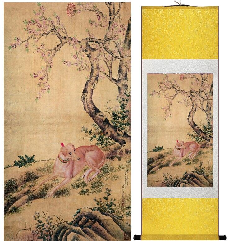 Chinese Art Scroll Painting Dog Ancient Silk Picture Wall Ideas 12174-Chinese Style Finds™