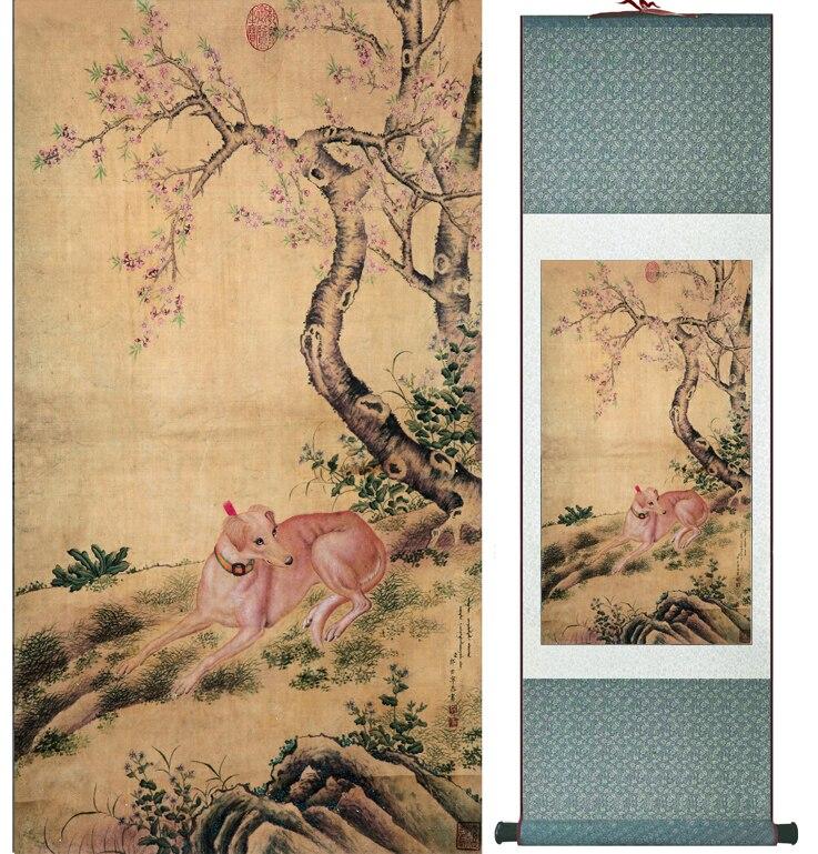 Chinese Art Scroll Painting Dog Ancient Silk Picture Wall Ideas 12174-Chinese Style Finds™