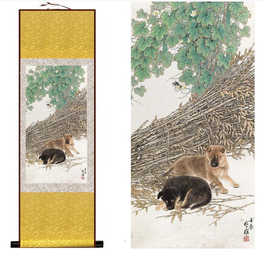 Chinese Art Scroll Painting Dog Ancient Silk Picture Wall Ideas 12178-Chinese Style Finds™