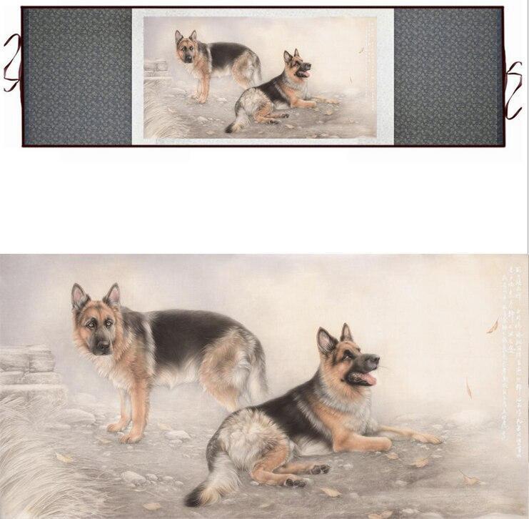 Chinese Art Scroll Painting Dog Ancient Silk Picture Wall Ideas 12358-Chinese Style Finds™