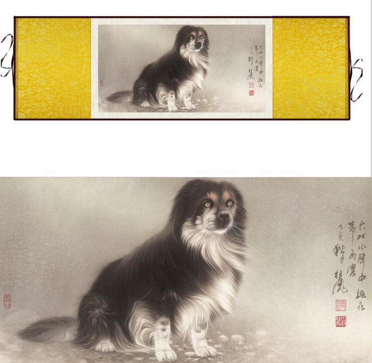 Chinese Art Scroll Painting Dog Ancient Silk Picture Wall Ideas 12362-Chinese Style Finds™