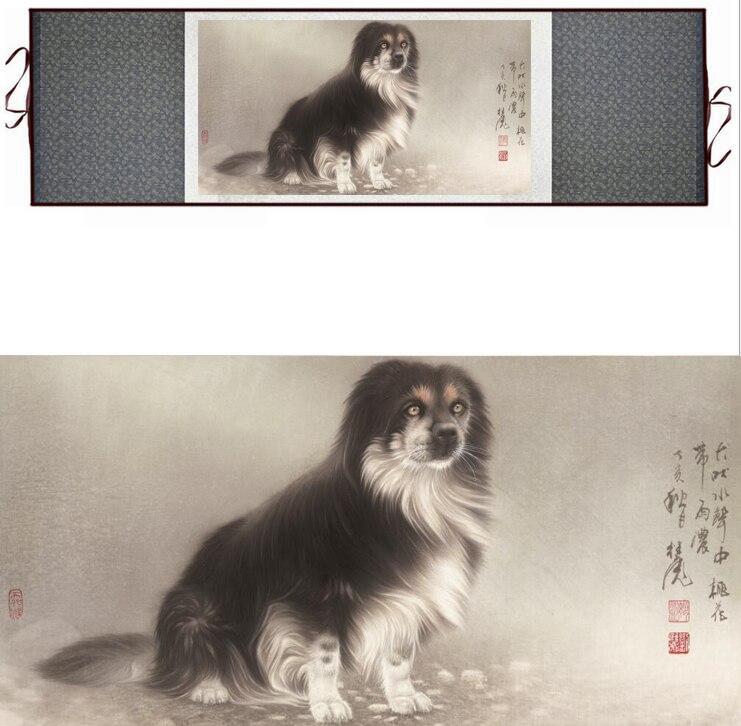 Chinese Art Scroll Painting Dog Ancient Silk Picture Wall Ideas 12362-Chinese Style Finds™