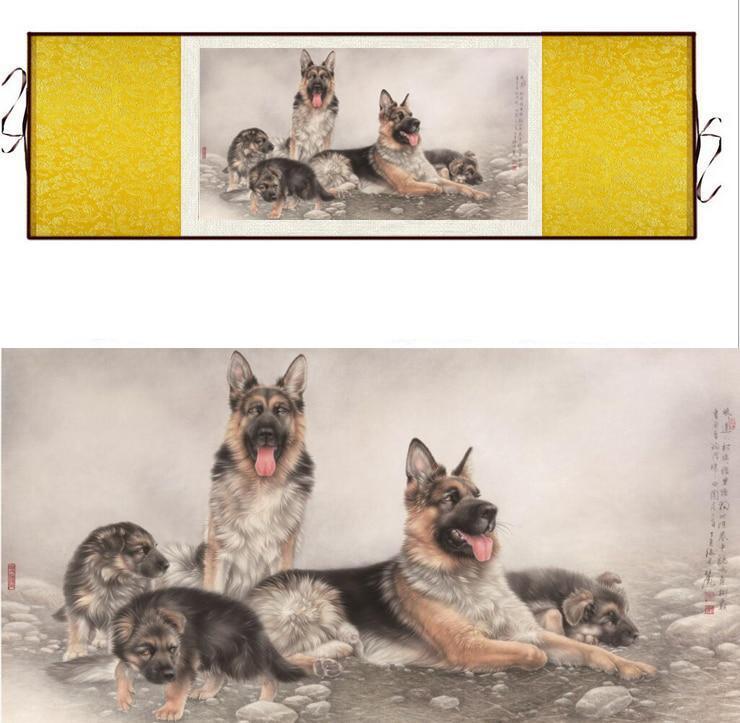 Chinese Art Scroll Painting Dog Ancient Silk Picture Wall Ideas 12366-Chinese Style Finds™