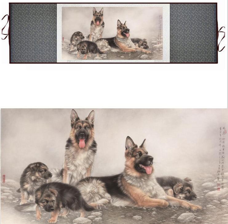 Chinese Art Scroll Painting Dog Ancient Silk Picture Wall Ideas 12366-Chinese Style Finds™