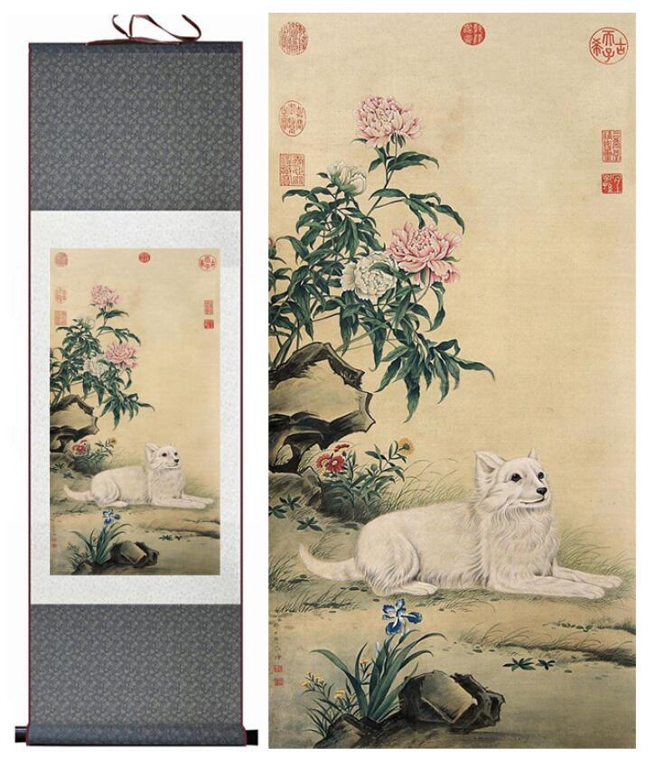 Chinese Art Scroll Painting Dog Ancient Silk Picture Wall Ideas 13874-Chinese Style Finds™