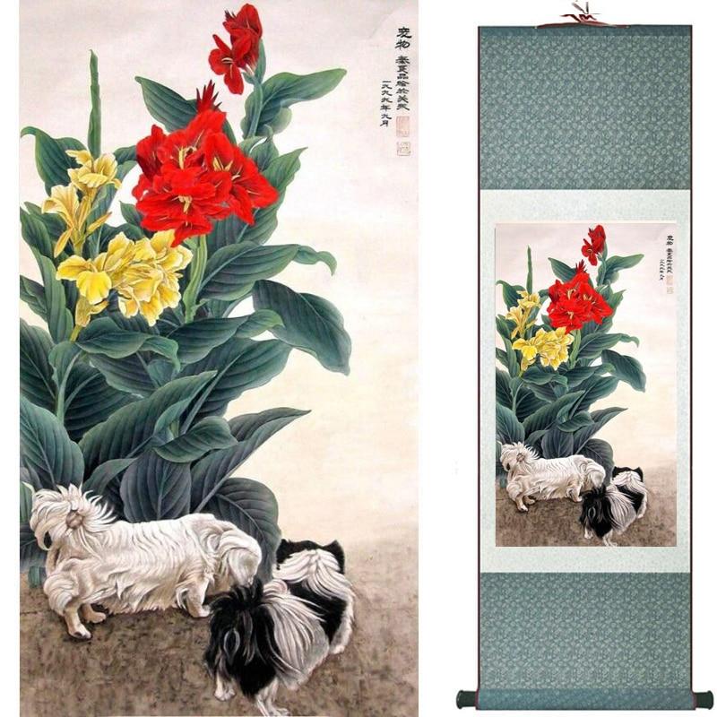 Chinese Art Scroll Painting Dog Ancient Silk Picture Wall Ideas 19982-Chinese Style Finds™