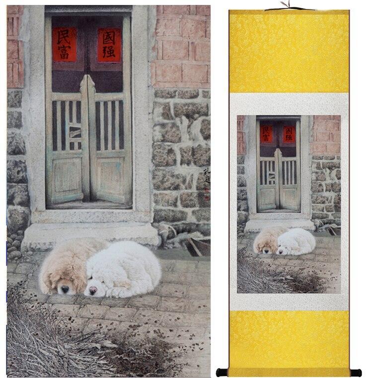 Chinese Art Scroll Painting Dog Cute Ancient Silk Picture Wall Ideas 12406-Chinese Style Finds™