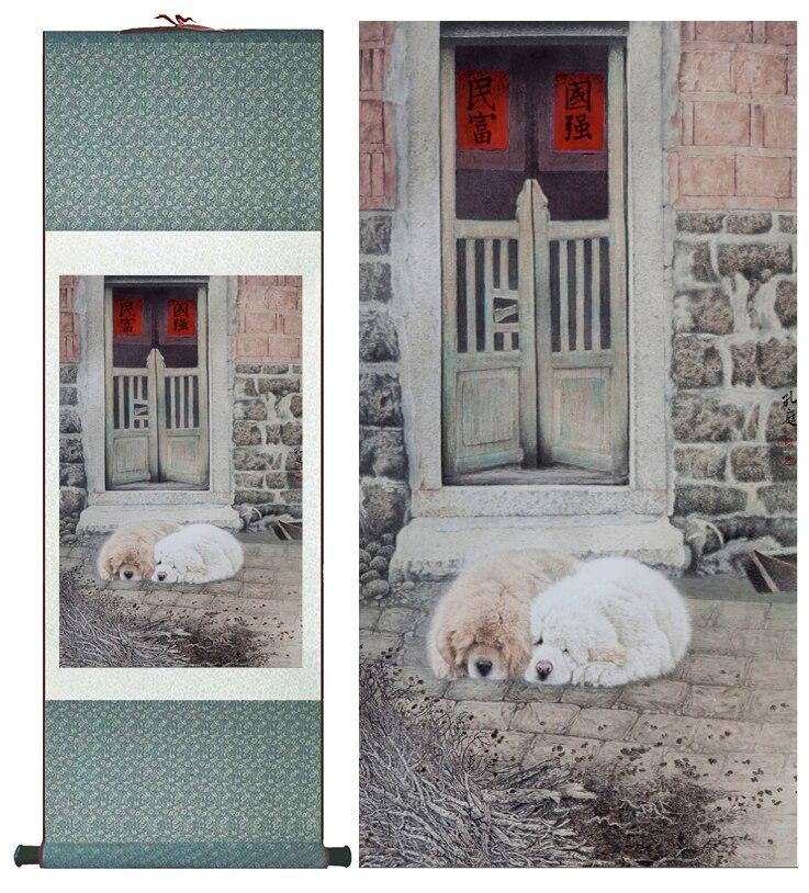 Chinese Art Scroll Painting Dog Cute Ancient Silk Picture Wall Ideas 12406-Chinese Style Finds™