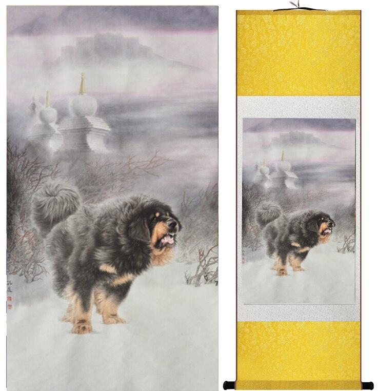 Chinese Art Scroll Painting Dog Cute Ancient Silk Picture Wall Ideas 12654-Chinese Style Finds™