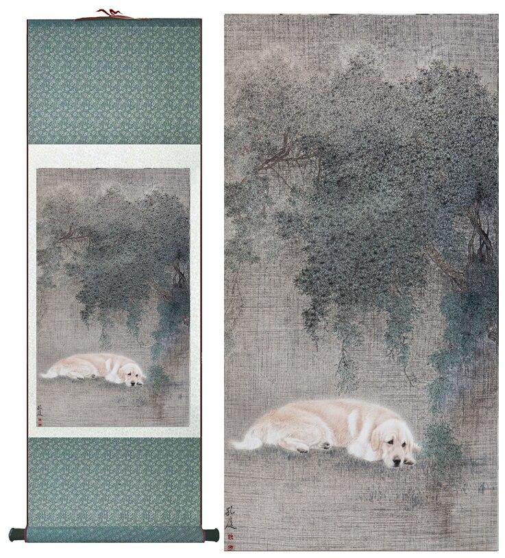 Chinese Art Scroll Painting Dog Cute Ancient Silk Picture Wall Ideas 13038-Chinese Style Finds™