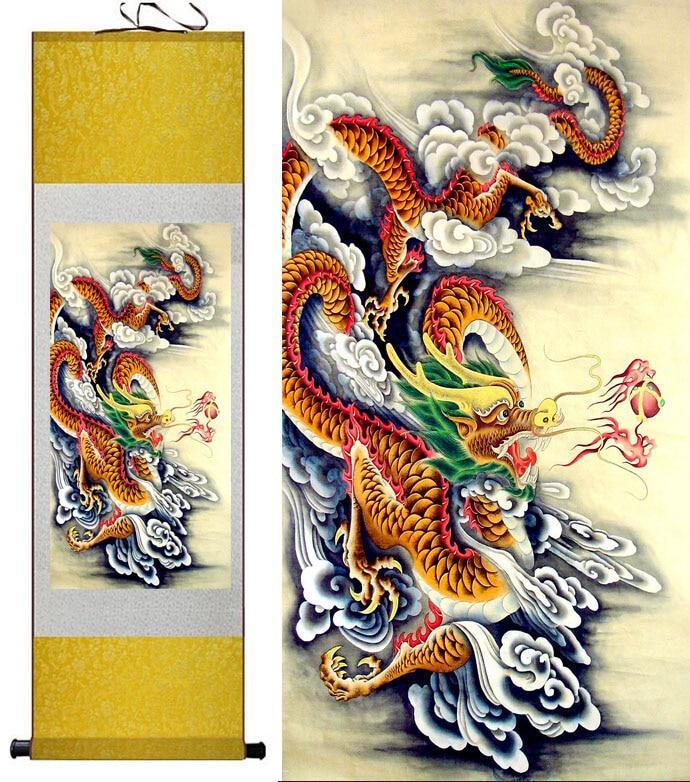 Chinese Art Scroll Painting Dragon Ancient Silk Picture Wall Ideas 10976-Chinese Style Finds™