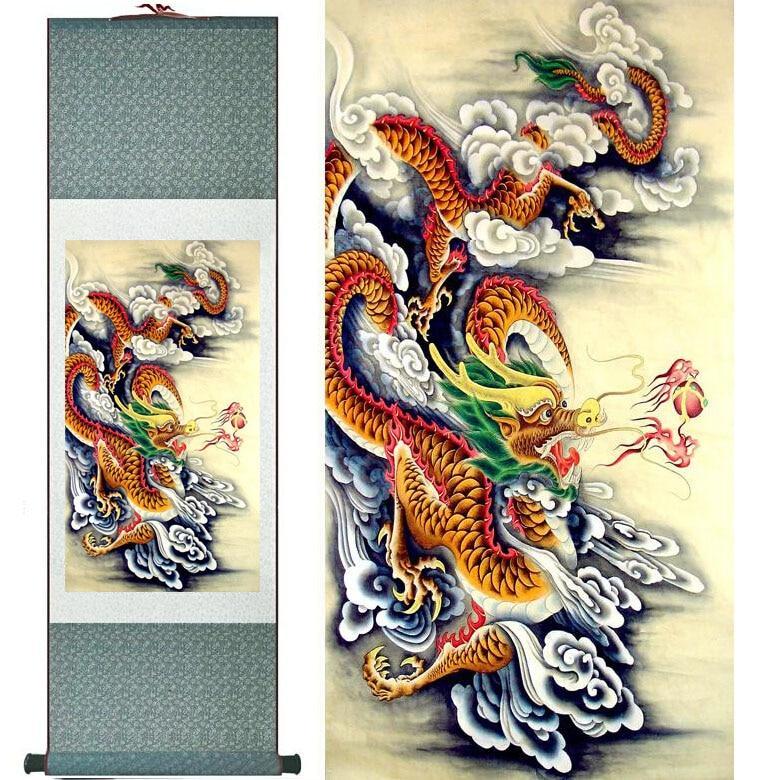 Chinese Art Scroll Painting Dragon Ancient Silk Picture Wall Ideas 10976-Chinese Style Finds™