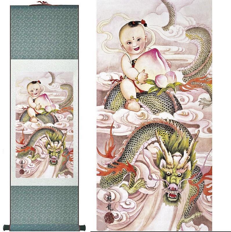 Chinese Art Scroll Painting Dragon Ancient Silk Picture Wall Ideas 10996-Chinese Style Finds™