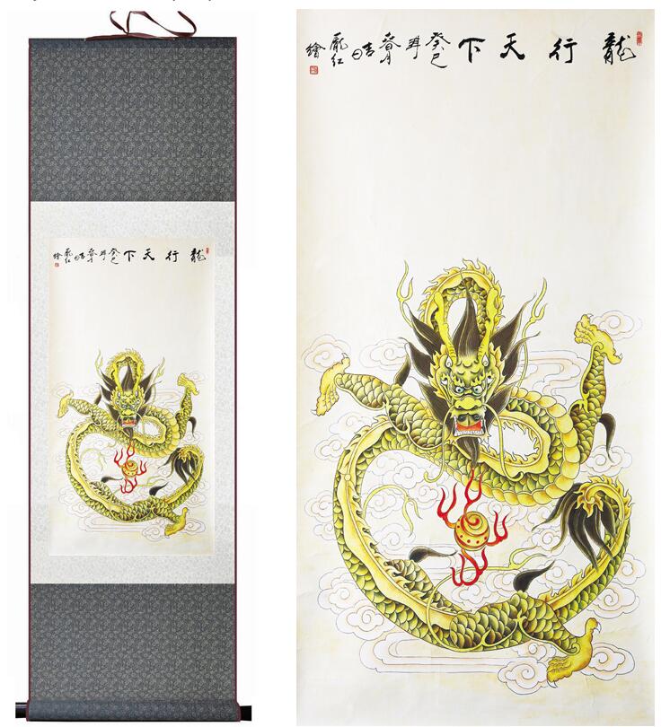 Chinese Art Scroll Painting Dragon Ancient Silk Picture Wall Ideas 13482-Chinese Style Finds™