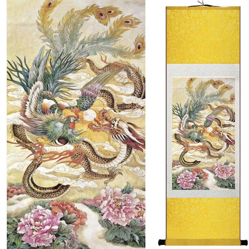 Chinese Art Scroll Painting Dragon In Sky Ancient Silk Picture Wall Ideas 10004-Chinese Style Finds™