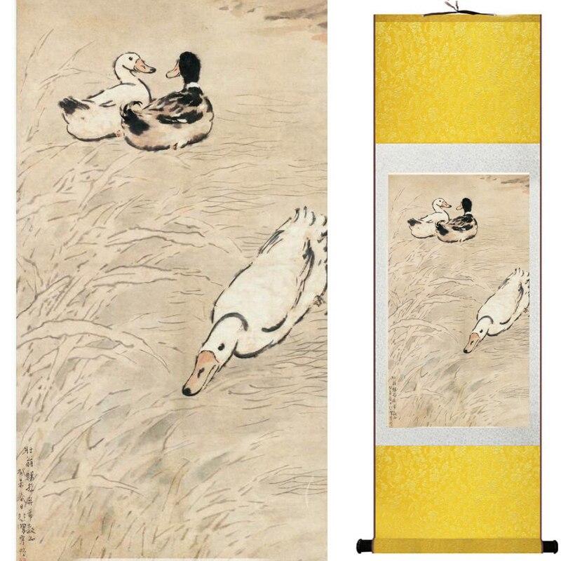 Chinese Art Scroll Painting Duck Ancient Silk Picture Wall Ideas 10642-Chinese Style Finds™