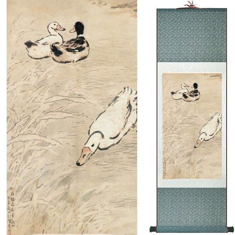 Chinese Art Scroll Painting Duck Ancient Silk Picture Wall Ideas 10642-Chinese Style Finds™