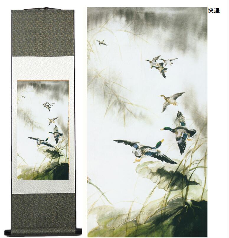 Chinese Art Scroll Painting Duck Ancient Silk Picture Wall Ideas 12054-Chinese Style Finds™